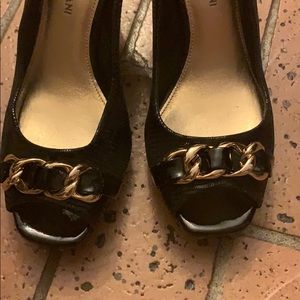 Antonio Melani black snake print heels with gold
